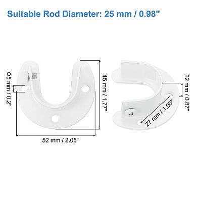 2Pcs U Shaped Flange Closet Holder, Closet Rod End Supports Rod Bracket for 25mm Diameter Rod, White