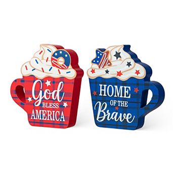 Glitzhome Set of 2 Patriotic / Americana Wooden Coffee Cup Table Decor