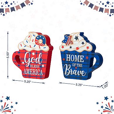 Glitzhome Set of 2 Patriotic / Americana Wooden Coffee Cup Table Decor