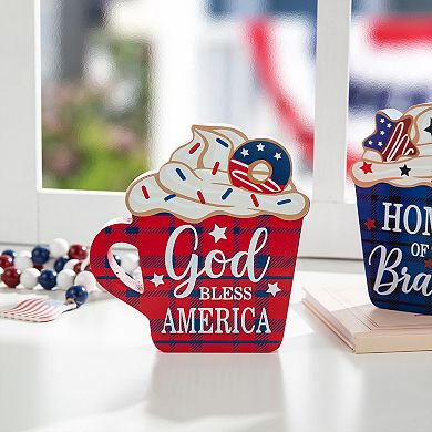 Glitzhome Set of 2 Patriotic / Americana Wooden Coffee Cup Table Decor