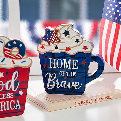 Glitzhome Set of 2 Patriotic / Americana Wooden Coffee Cup Table Decor