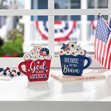 Glitzhome Set of 2 Patriotic / Americana Wooden Coffee Cup Table Decor
