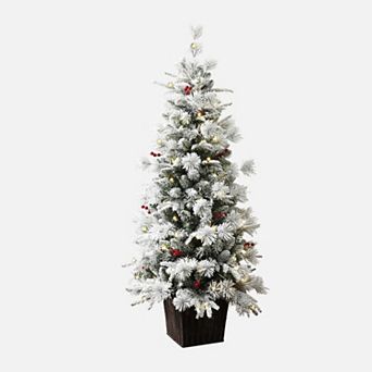 LuxenHome 4.5ft Pre-lit Snow Flocked Full Pine Potted Artificial Christmas Tree
