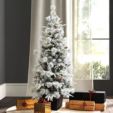 LuxenHome 4.5ft Pre-lit Snow Flocked Full Pine Potted Artificial Christmas Tree