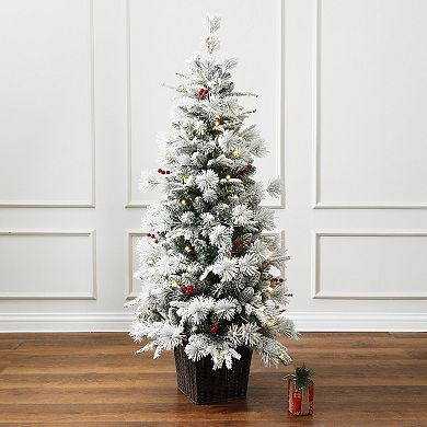 LuxenHome 4.5ft Pre-lit Snow Flocked Full Pine Potted Artificial Christmas Tree