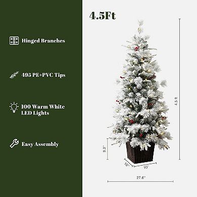 LuxenHome 4.5ft Pre-lit Snow Flocked Full Pine Potted Artificial Christmas Tree