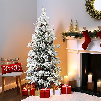 LuxenHome 4.5ft Pre-lit Snow Flocked Full Pine Potted Artificial Christmas Tree