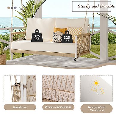 Merax 1-Piece Woven Rope Outdoor Swing Sofa with Soft Cushions Seating 2 for Patio