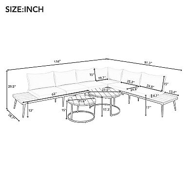 Merax 6-Piece Outdoor Sectional Sofa Set with Round Nesting Coffee Tables
