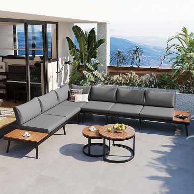Merax 6-Piece Outdoor Sectional Sofa Set with Round Nesting Coffee Tables