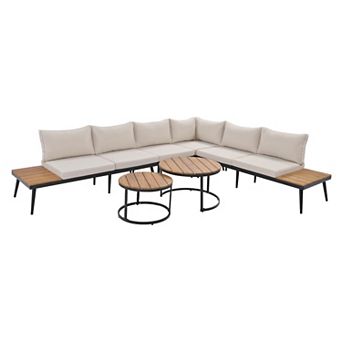 Merax 6 pc Outdoor Sectional Sofa Set with Round Nesting Coffee Tables