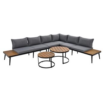 Merax 6 pc Outdoor Sectional Sofa Set with Round Nesting Coffee Tables
