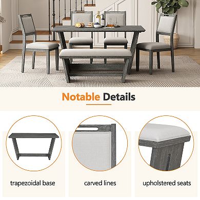 Merax 6-Piece Retro Dining Table Set for 6, 60" Wood Kitchen Table and Chairs Set