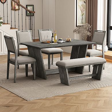 Merax 6-Piece Retro Dining Table Set for 6, 60" Wood Kitchen Table and Chairs Set