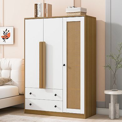 Merax 3-Doors Wooden Rattan Wardrobe Storage for Bedroom