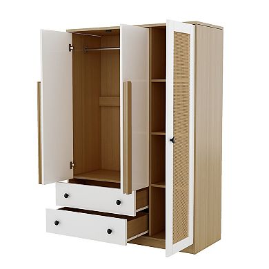 Merax 3-Doors Wooden Rattan Wardrobe Storage for Bedroom