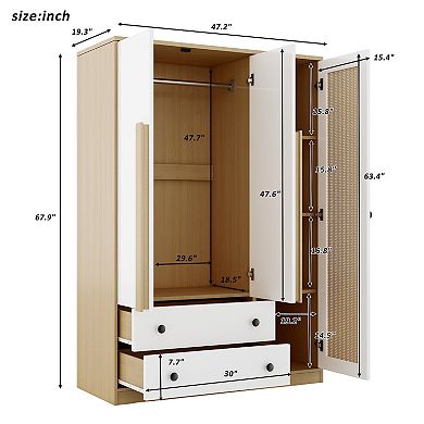 Merax 3-Doors Wooden Rattan Wardrobe Storage for Bedroom