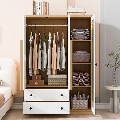 Merax 3-Doors Wooden Rattan Wardrobe Storage for Bedroom