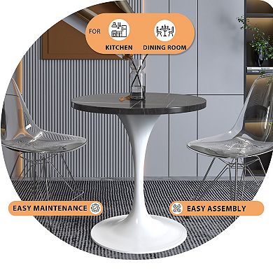 Leisuremod Verve Collection 27 Round Dining Table, White Base With Sintered Stone Black Top