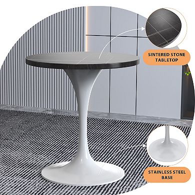 Leisuremod Verve Collection 27 Round Dining Table, White Base With Sintered Stone Black Top