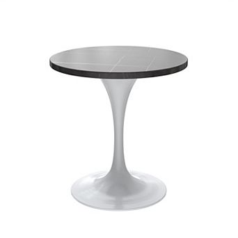 Leisuremod Verve Collection 27 Round Dining Table, White Base With Sintered Stone Black Top