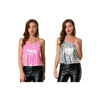 2 Packs Women's Sequin Spaghetti Strap Crop Camisole Tank Tops