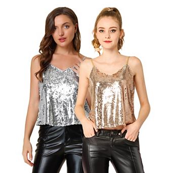 2 Packs Women's Sequin Spaghetti Strap Crop Camisole Tank Tops