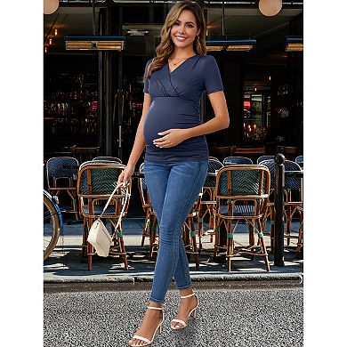 Women's Summer V Neck Short Sleeve Ruched Breastfeeding Pregnancy Top Nursing Blouse