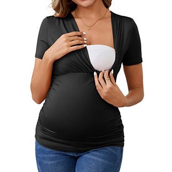 Women's Summer V Neck Short Sleeve Ruched Breastfeeding Pregnancy Top Nursing Blouse