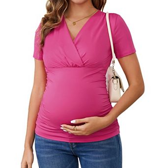 Women's Summer V Neck Short Sleeve Ruched Breastfeeding Pregnancy Top Nursing Blouse