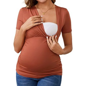 Women's Summer V Neck Short Sleeve Ruched Breastfeeding Pregnancy Top Nursing Blouse