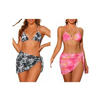 2 Sets Women's Tie Dye Bikini Sets, Halter Tie Triangle Swimsuits with Sarong Cover Ups Beach Skirt