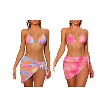 2 Sets Women's Tie Dye Bikini Sets, Halter Tie Triangle Swimsuits with Sarong Cover Ups Beach Skirt