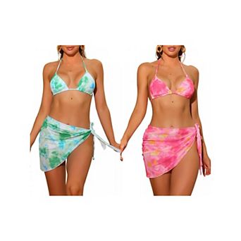 2 Sets Women's Tie Dye Bikini Sets, Halter Tie Triangle Swimsuits with Sarong Cover Ups Beach Skirt
