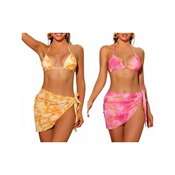 2 Sets Women's Tie Dye Bikini Sets, Halter Tie Triangle Swimsuits with Sarong Cover Ups Beach Skirt