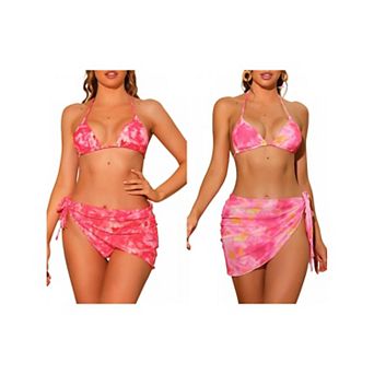 2 Sets Women's Tie Dye Bikini Sets, Halter Tie Triangle Swimsuits with Sarong Cover Ups Beach Skirt