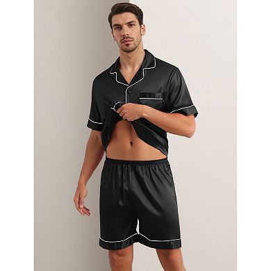 Men's Satin Sleepwear Short Sleeve Button Down Nightwear Shorts Summer Pajamas Set 2 Pieces
