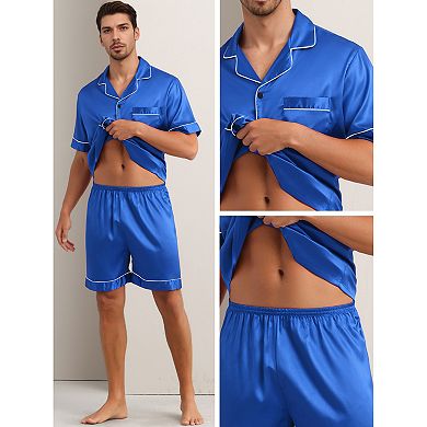 Men's Satin Sleepwear Short Sleeve Button Down Nightwear Shorts Summer Pajamas Set 2 Pieces