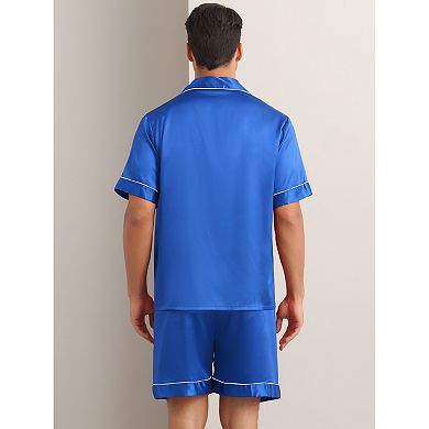 Men's Satin Sleepwear Short Sleeve Button Down Nightwear Shorts Summer Pajamas Set 2 Pieces