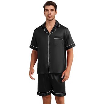 Men's Satin Sleepwear Short Sleeve Button Down Nightwear Shorts Summer Pajamas Set 2 pc