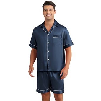 Men's Satin Sleepwear Short Sleeve Button Down Nightwear Shorts Summer Pajamas Set 2 pc