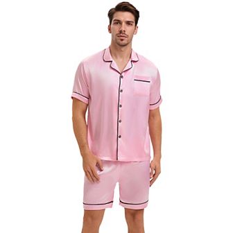 Men's Satin Sleepwear Short Sleeve Button Down Nightwear Shorts Summer Pajamas Set 2 pc