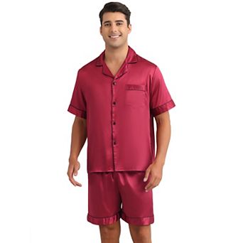 Men's Satin Sleepwear Short Sleeve Button Down Nightwear Shorts Summer Pajamas Set 2 pc