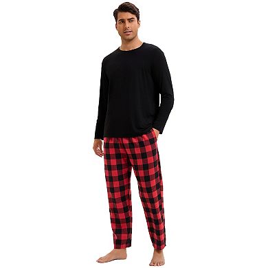 Men's Long Sleeve Solid Color T-shirt with Plaid Pattern Pants Nightwear Casual Pajamas Set 2 Pieces