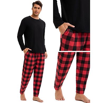 Men's Long Sleeve Solid Color T-shirt with Plaid Pattern Pants Nightwear Casual Pajamas Set 2 Pieces