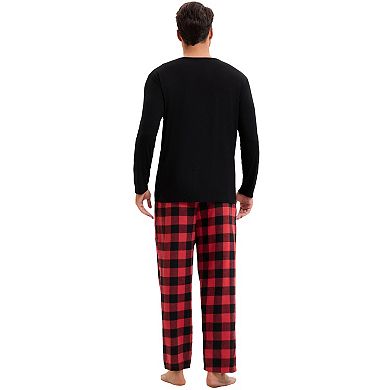 Men's Long Sleeve Solid Color T-shirt with Plaid Pattern Pants Nightwear Casual Pajamas Set 2 Pieces