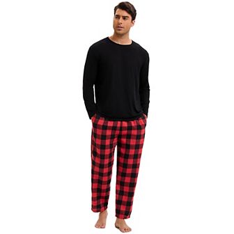 Men's Long Sleeve Solid Color T-shirt with Plaid Pattern Pants Nightwear Casual Pajamas Set 2 pc