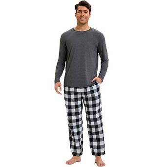 Men's Long Sleeve Solid Color T-shirt with Plaid Pattern Pants Nightwear Casual Pajamas Set 2 pc
