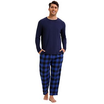 Men's Long Sleeve Solid Color T-shirt with Plaid Pattern Pants Nightwear Casual Pajamas Set 2 pc