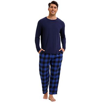 Men's Long Sleeve Solid Color T-shirt with Plaid Pattern Pants Nightwear Casual Pajamas Set 2 pc